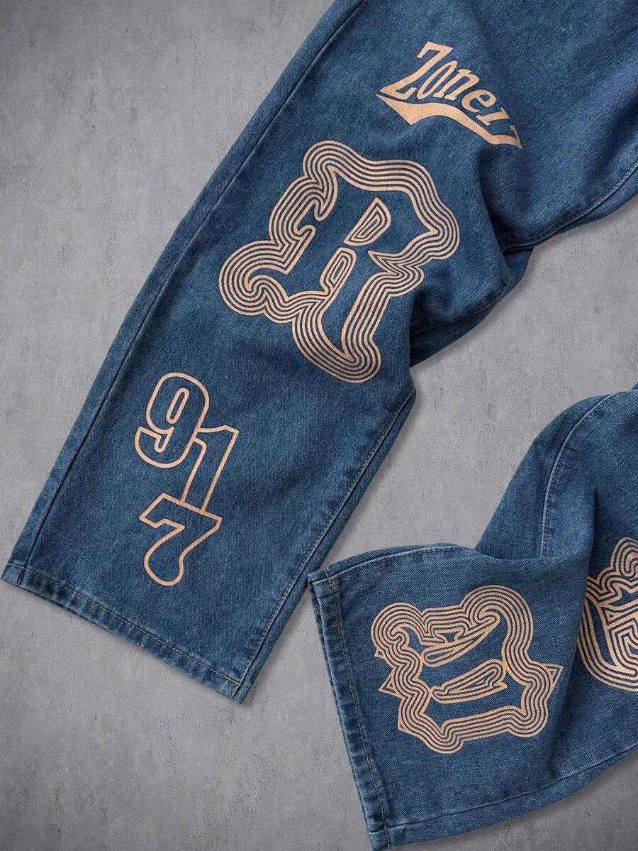 Unisex Casual Jeans With Letter & Graphic Print, American Style