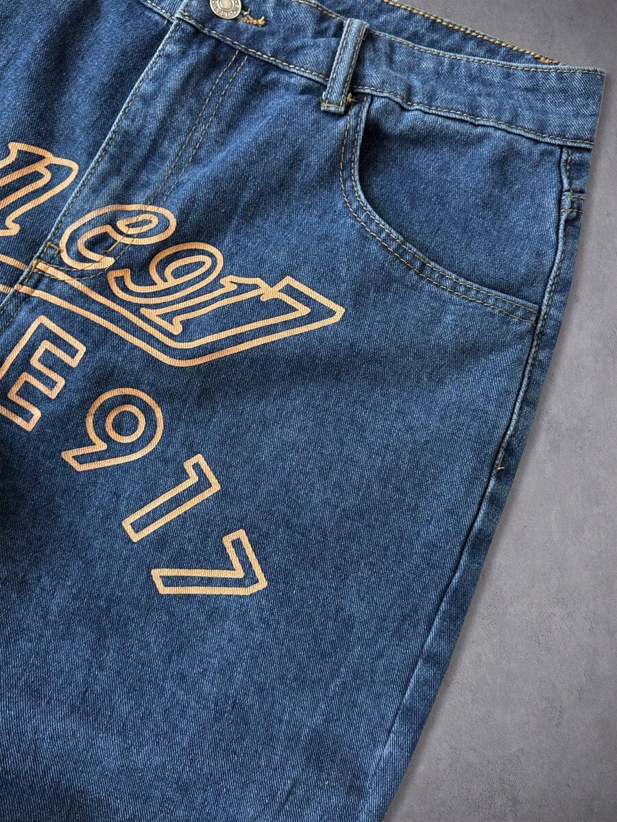 Unisex Casual Jeans With Letter & Graphic Print, American Style