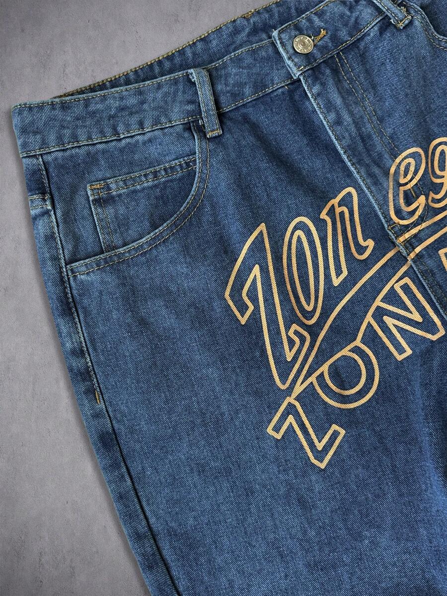 Unisex Casual Jeans With Letter & Graphic Print, American Style