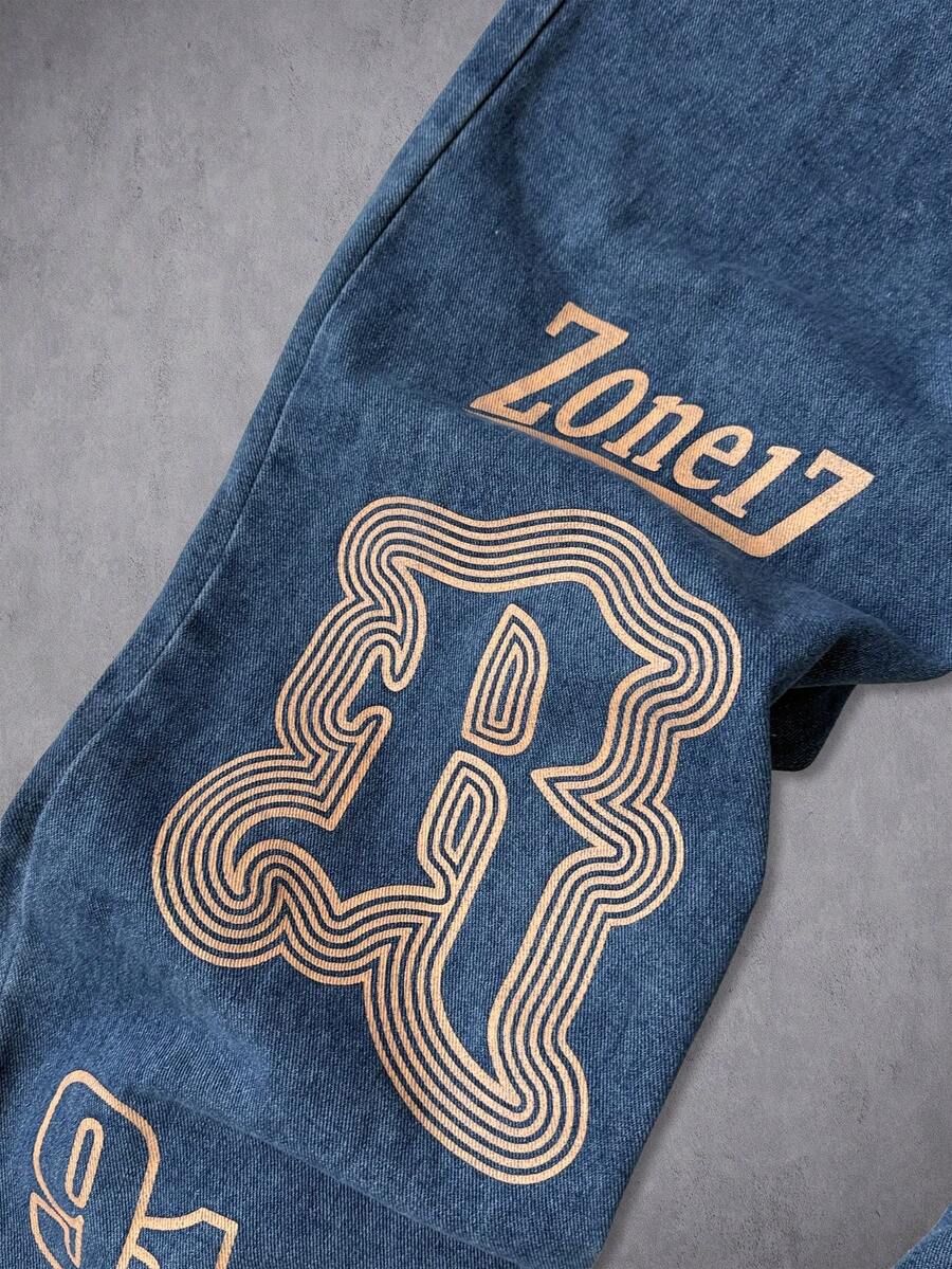 Unisex Casual Jeans With Letter & Graphic Print, American Style