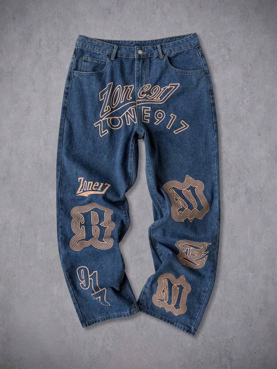 Unisex Casual Jeans With Letter & Graphic Print, American Style