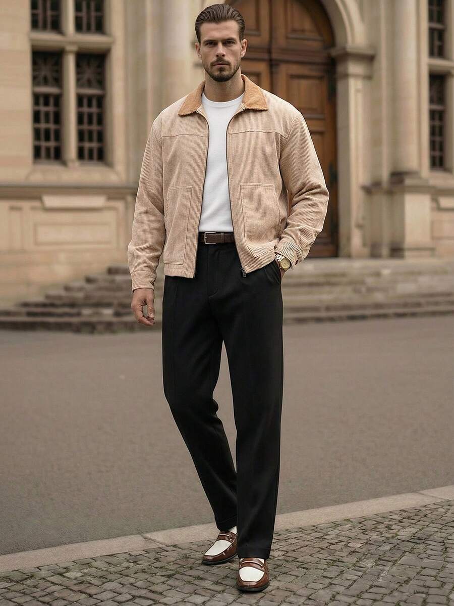 Men's Long Sleeve Casual Woven PU Leather Jacket