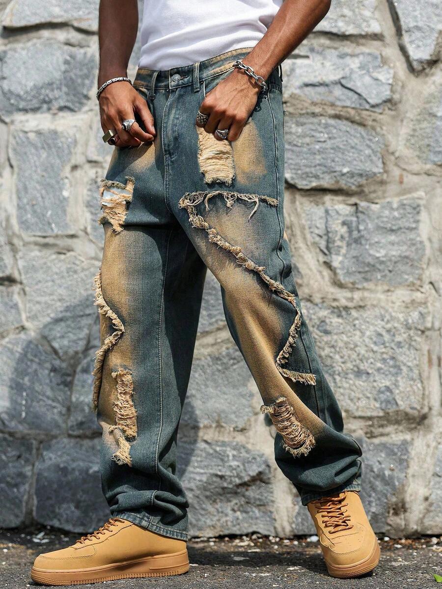 Unisex Casual Jeans With Letter & Graphic Print, American Style