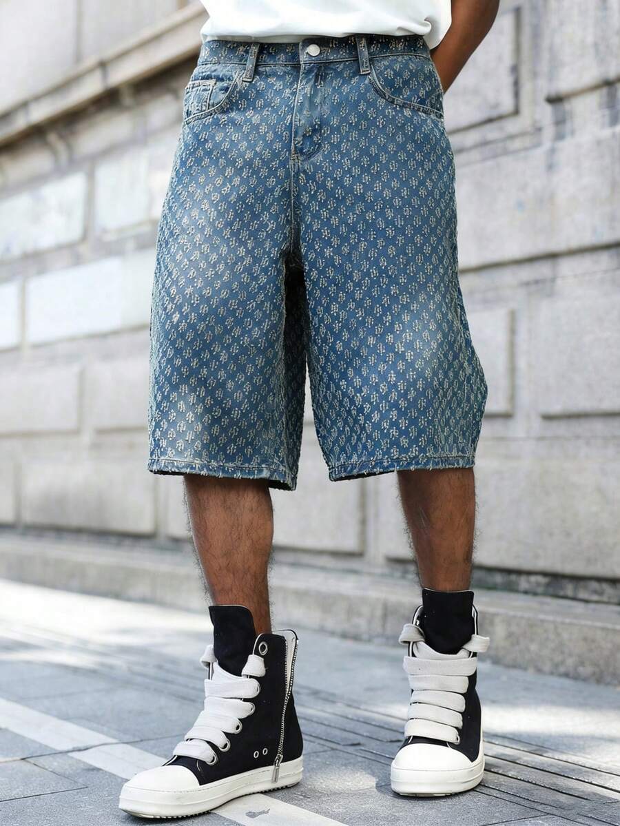 Men's Faded Light Blue Washed Loose Fit Vintage Casual Denim Jorts