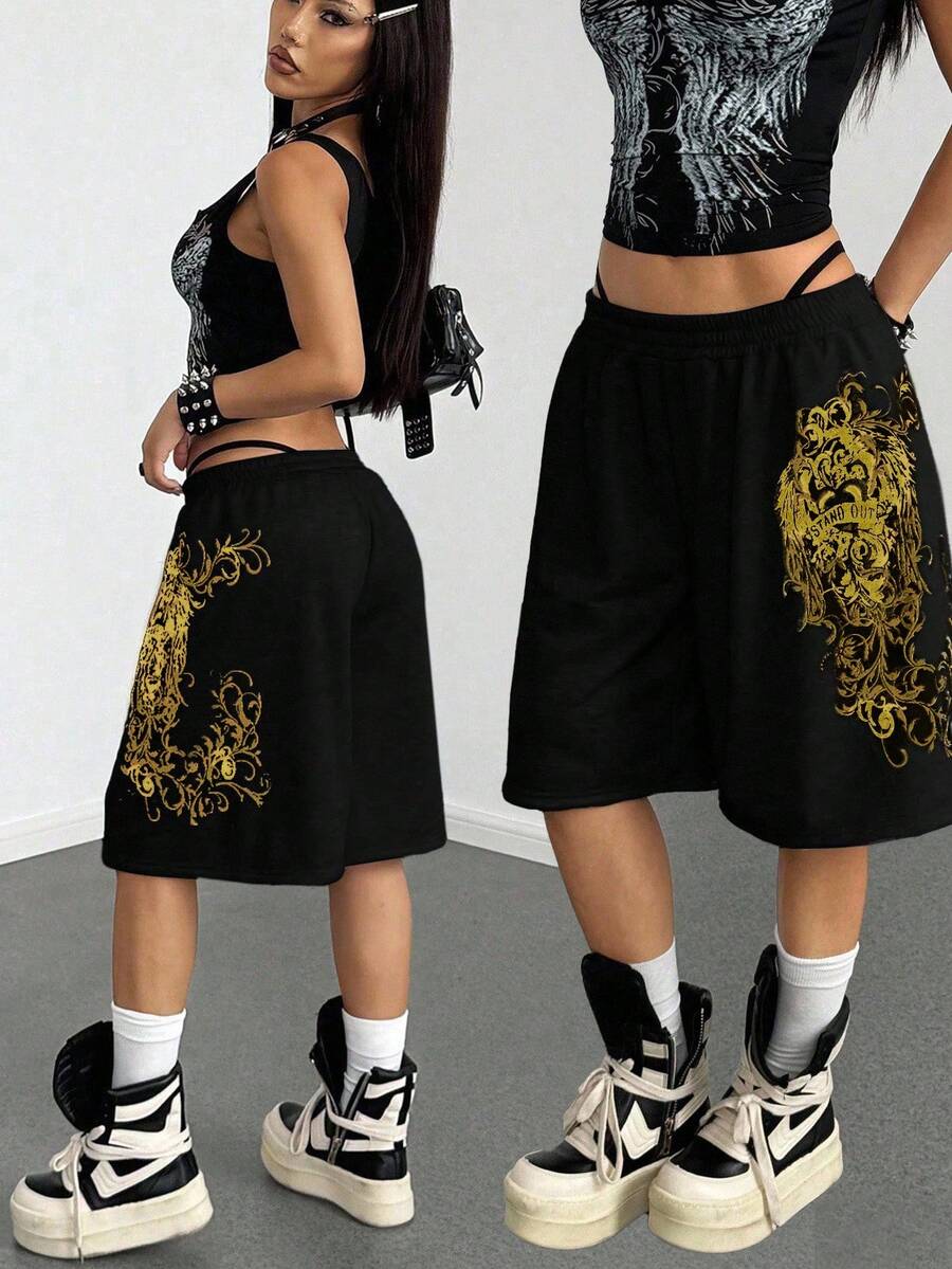 Women's Loose Fit Punk Print Capri Pants