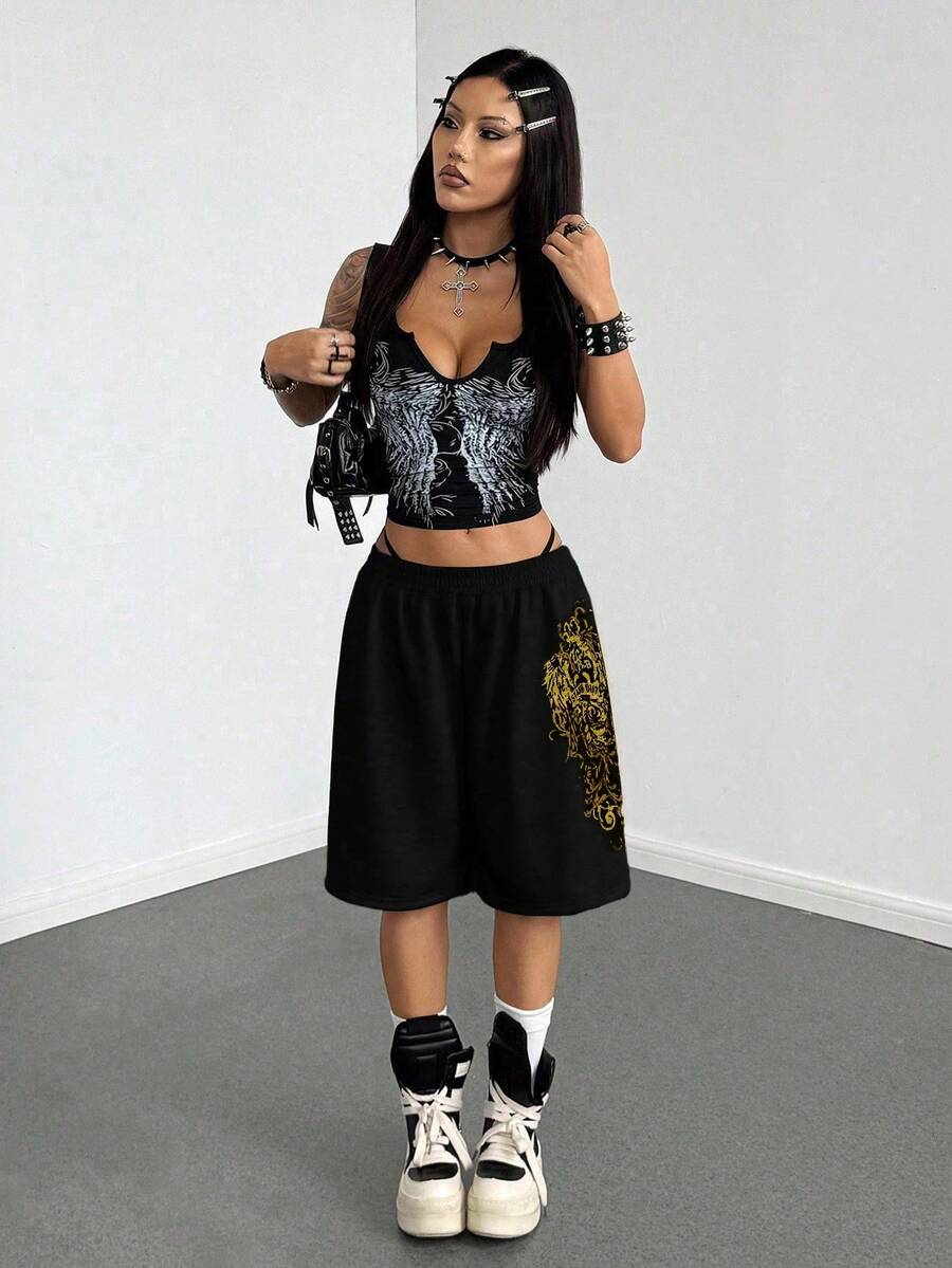 Women's Loose Fit Punk Print Capri Pants