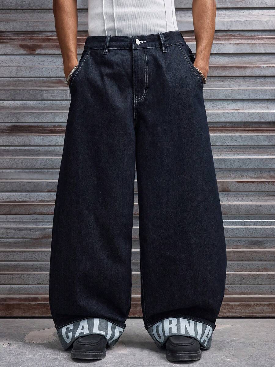 Fashionable Straight Loose Fit Patchwork Frayed Hem Men's Baggy Denim Jeans, Streetwear Style