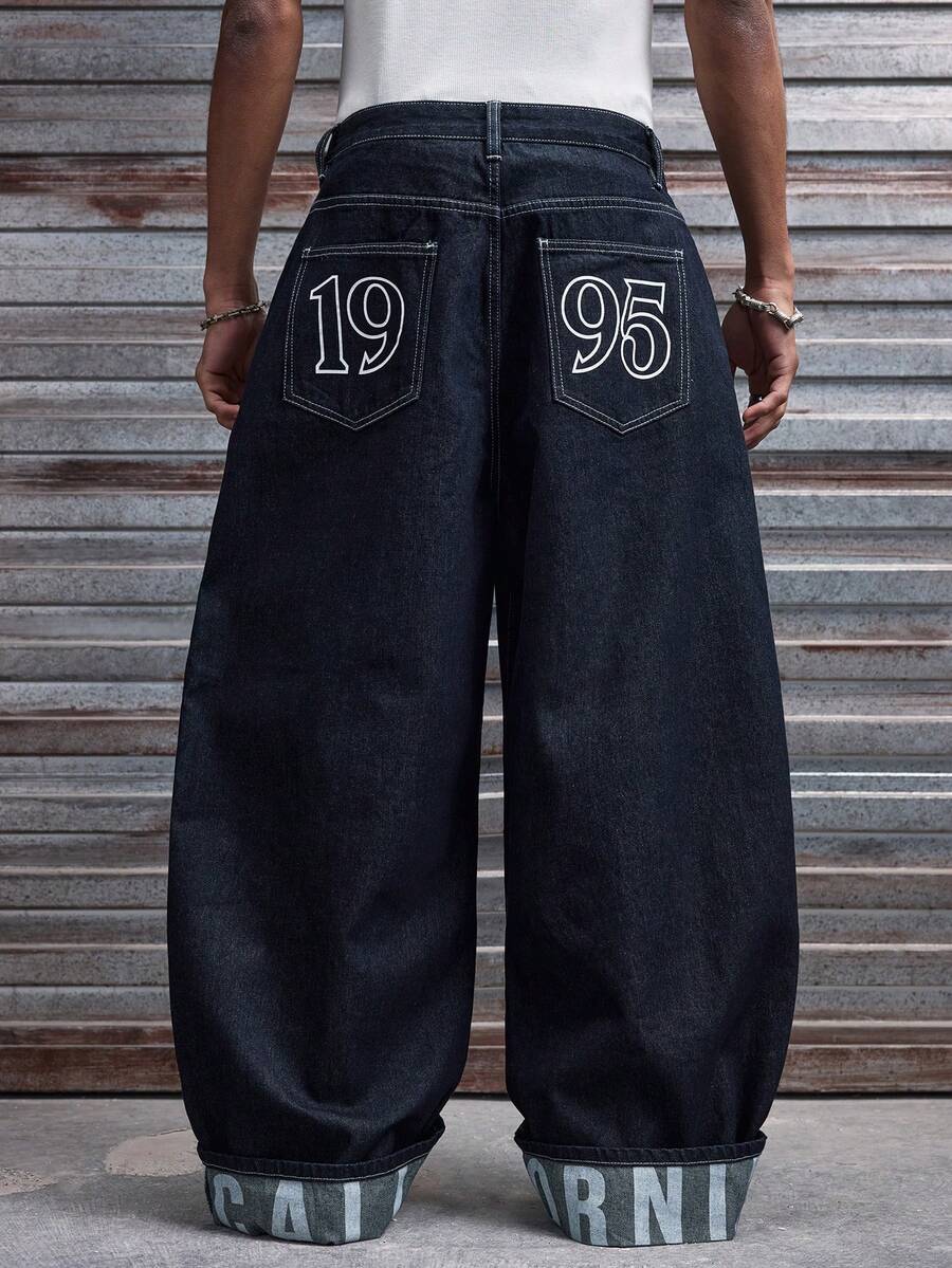 Fashionable Straight Loose Fit Patchwork Frayed Hem Men's Baggy Denim Jeans, Streetwear Style