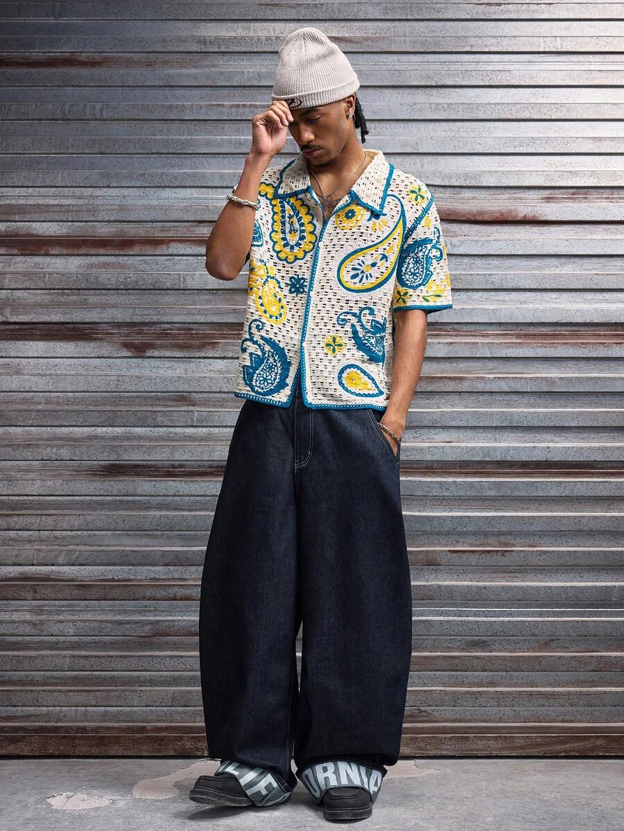 Fashionable Straight Loose Fit Patchwork Frayed Hem Men's Baggy Denim Jeans, Streetwear Style