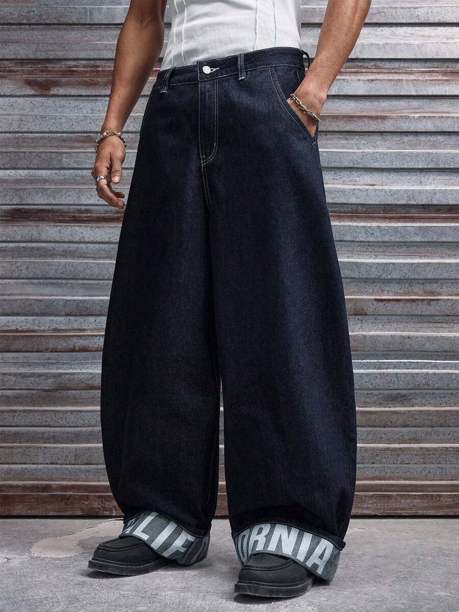 Fashionable Straight Loose Fit Patchwork Frayed Hem Men's Baggy Denim Jeans, Streetwear Style