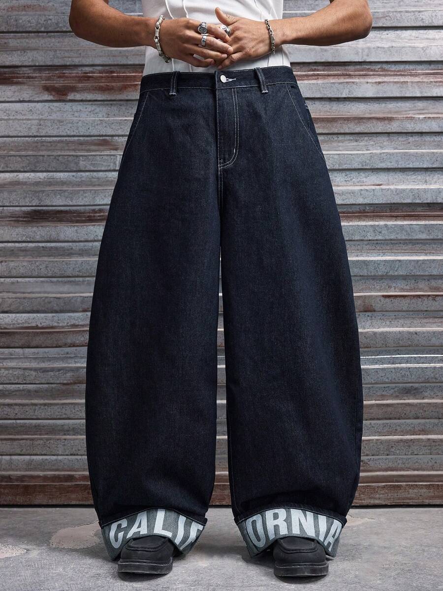 Fashionable Straight Loose Fit Patchwork Frayed Hem Men's Baggy Denim Jeans, Streetwear Style