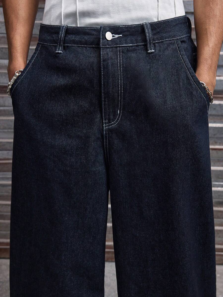 Fashionable Straight Loose Fit Patchwork Frayed Hem Men's Baggy Denim Jeans, Streetwear Style