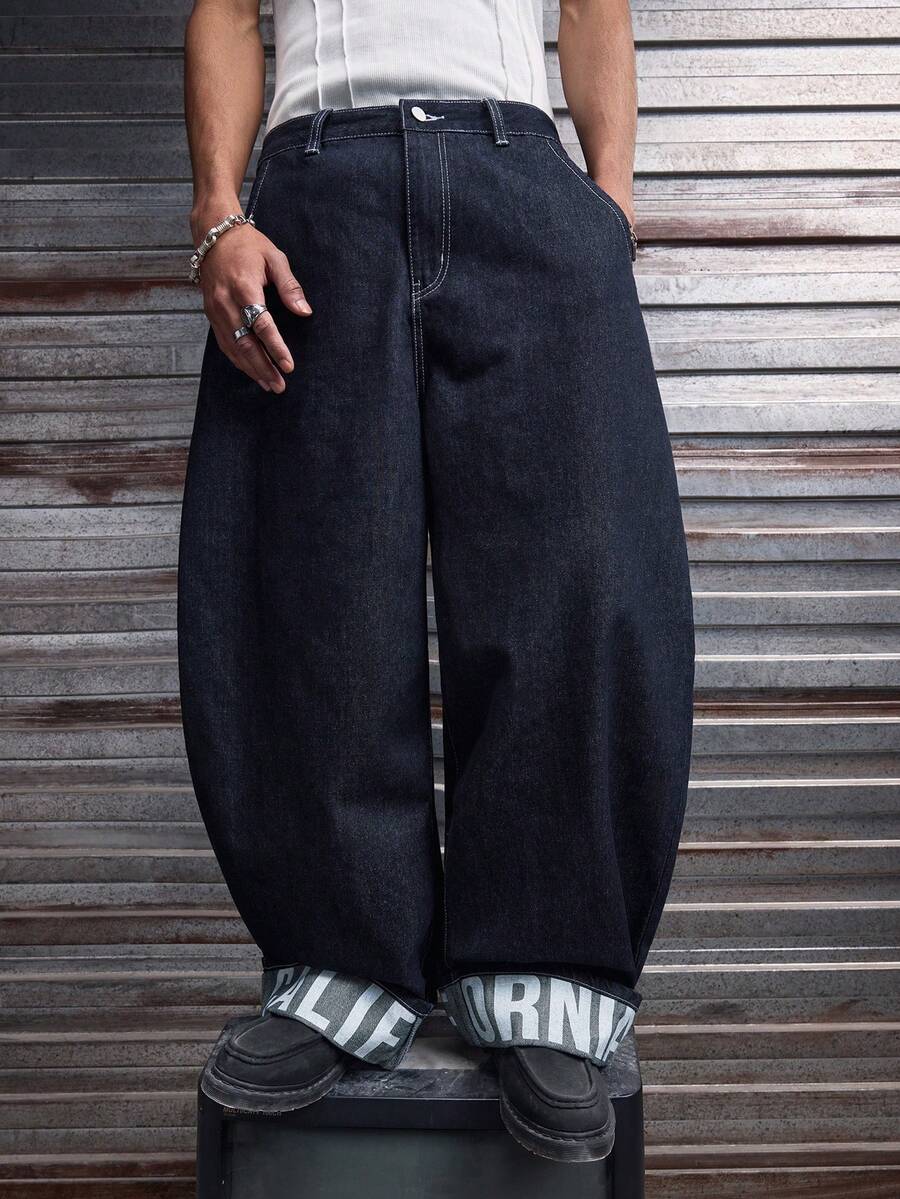 Fashionable Straight Loose Fit Patchwork Frayed Hem Men's Baggy Denim Jeans, Streetwear Style