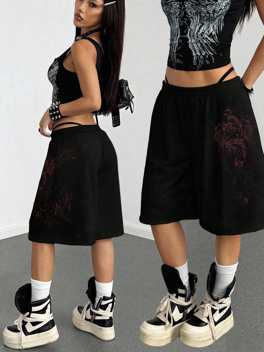 Women's Loose Fit Punk Print Capri Pants