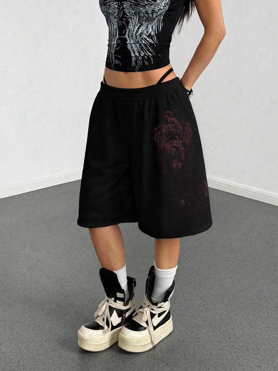 Women's Loose Fit Punk Print Capri Pants