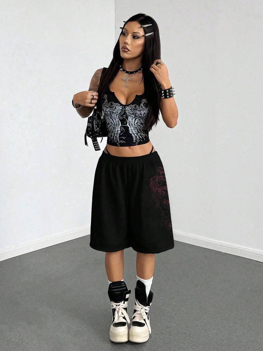 Women's Loose Fit Punk Print Capri Pants