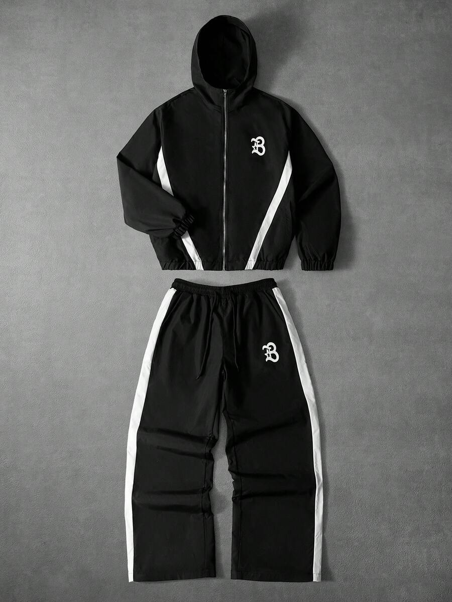 Men's Letter Print Hooded Zip-Up Jacket And Contrast Trim Pants 2Piece Set