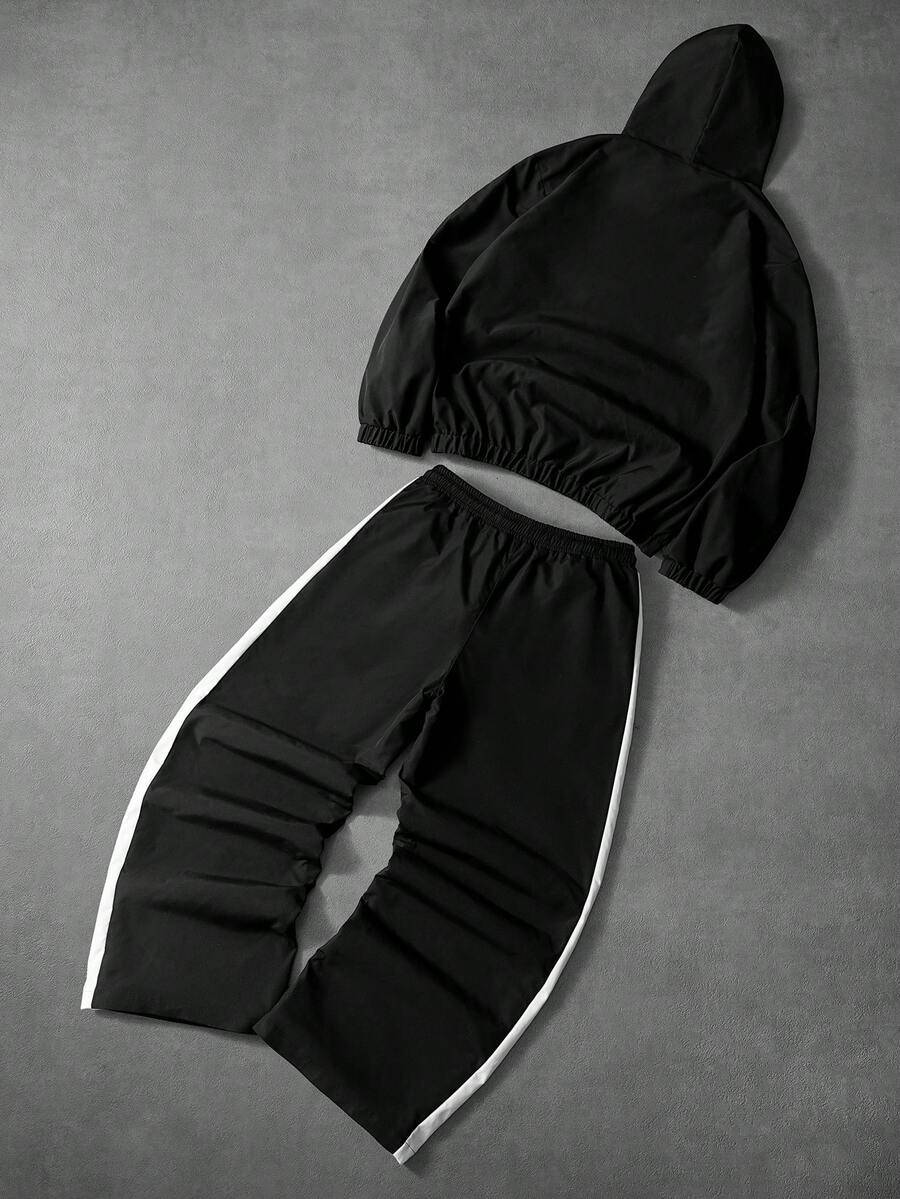 Men's Letter Print Hooded Zip-Up Jacket And Contrast Trim Pants 2Piece Set