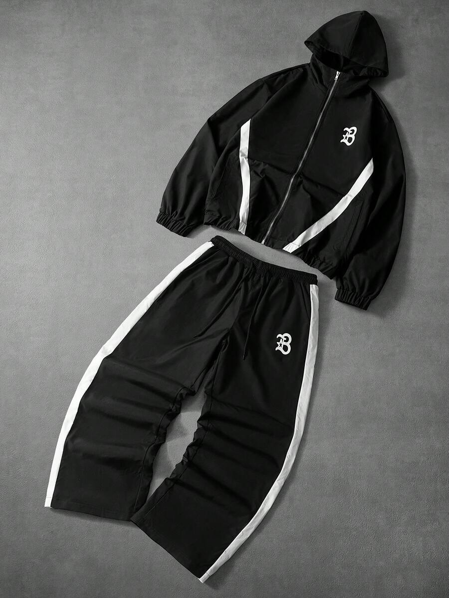 Men's Letter Print Hooded Zip-Up Jacket And Contrast Trim Pants 2Piece Set