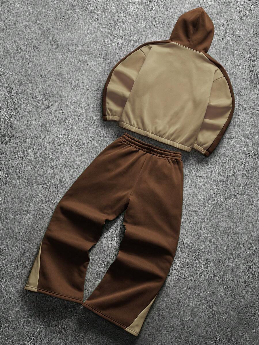 Contrast Color Zip-Up Hoodie Sweatpants Set