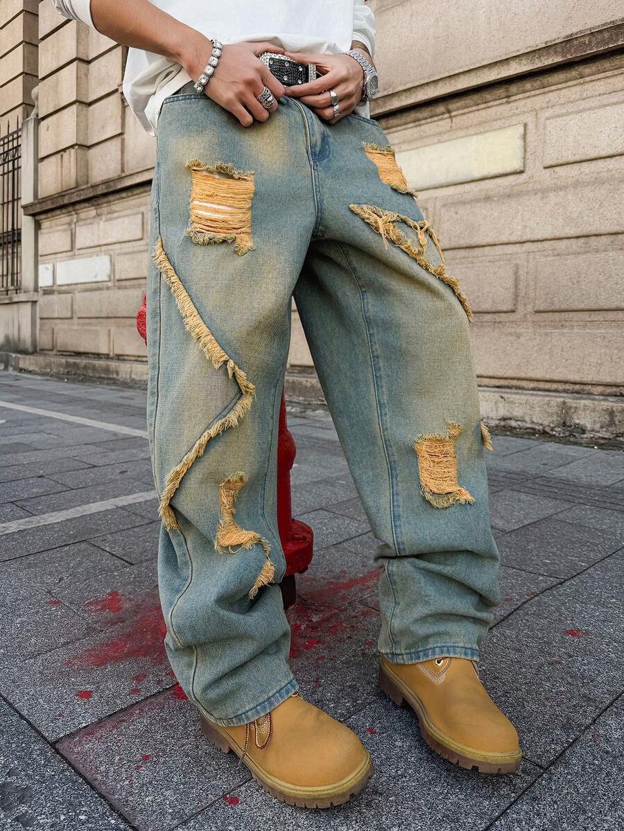 Unisex Casual Jeans With Letter & Graphic Print, American Style