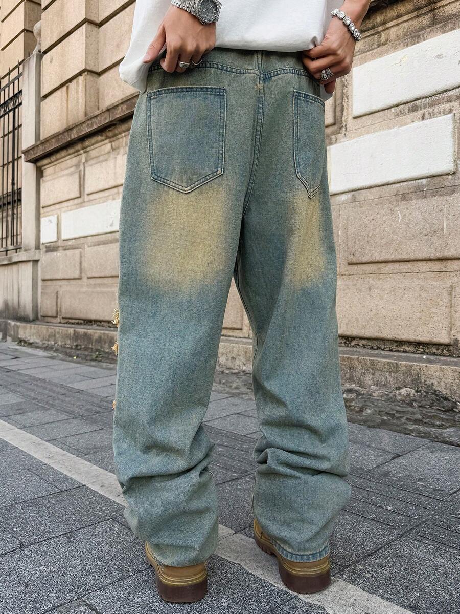 Unisex Casual Jeans With Letter & Graphic Print, American Style