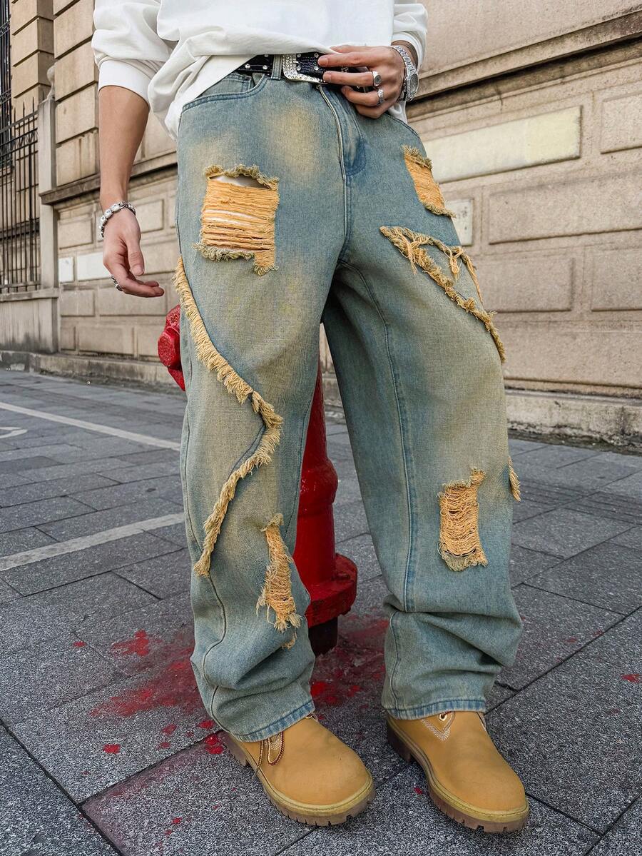 Unisex Casual Jeans With Letter & Graphic Print, American Style