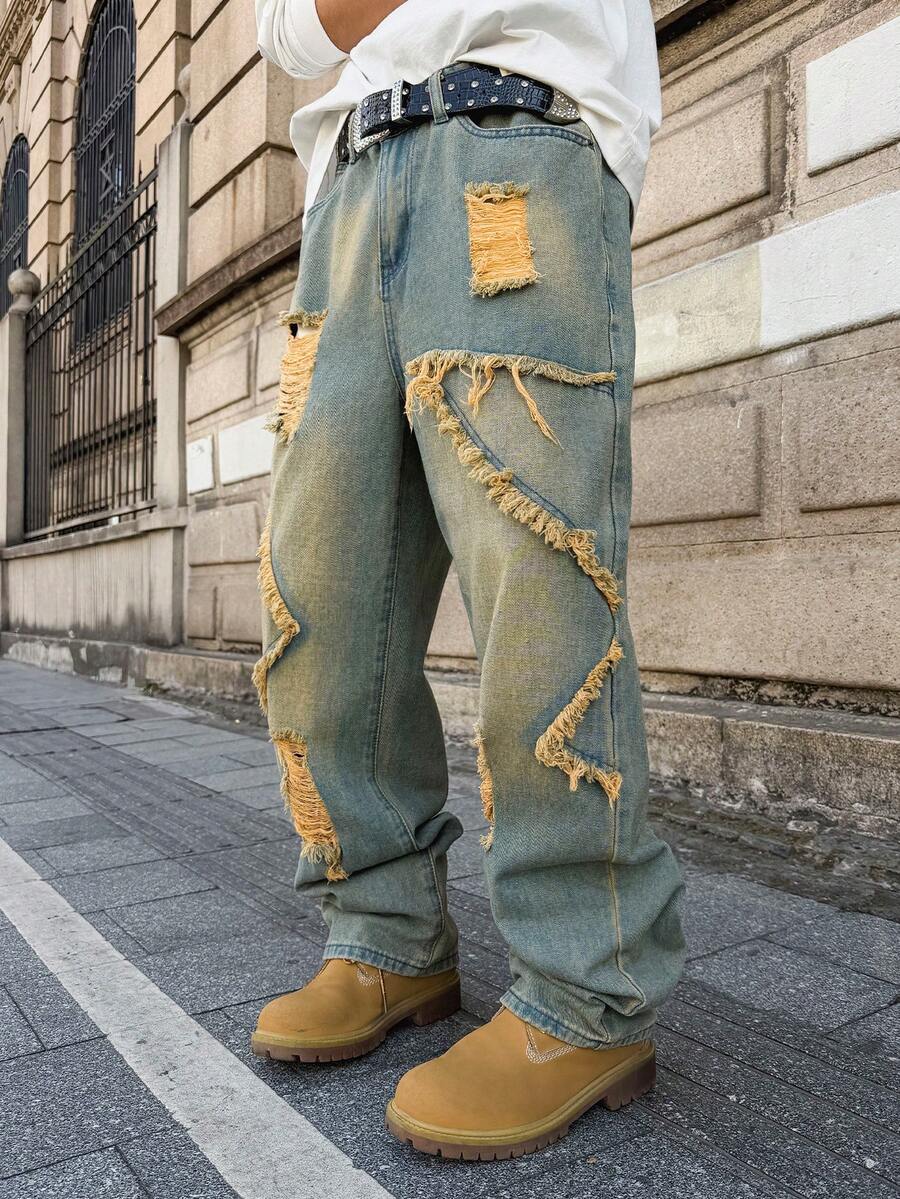 Unisex Casual Jeans With Letter & Graphic Print, American Style