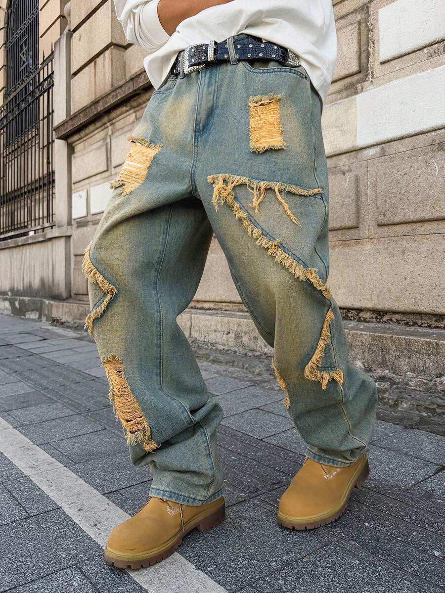 Unisex Casual Jeans With Letter & Graphic Print, American Style