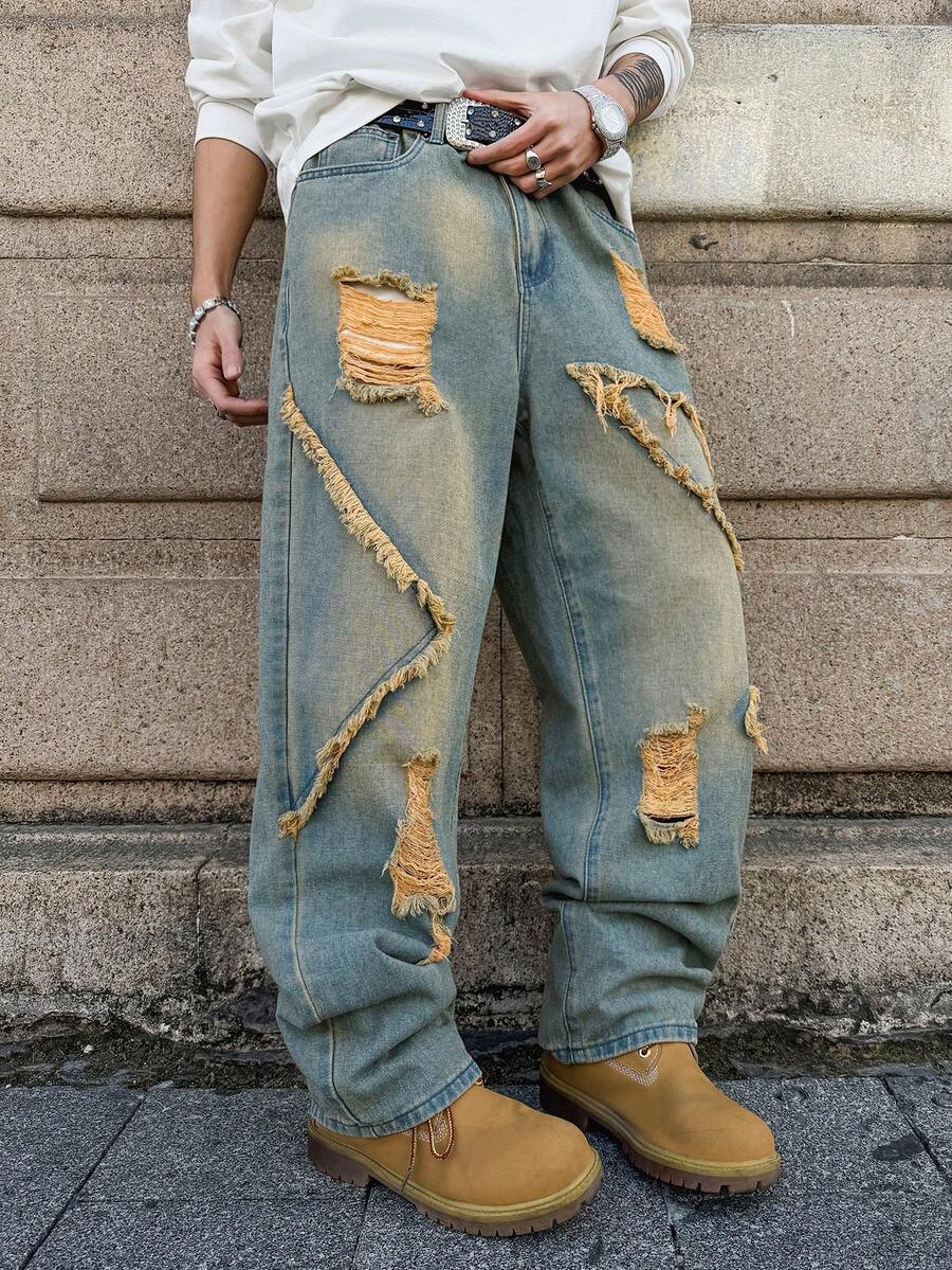 Unisex Casual Jeans With Letter & Graphic Print, American Style
