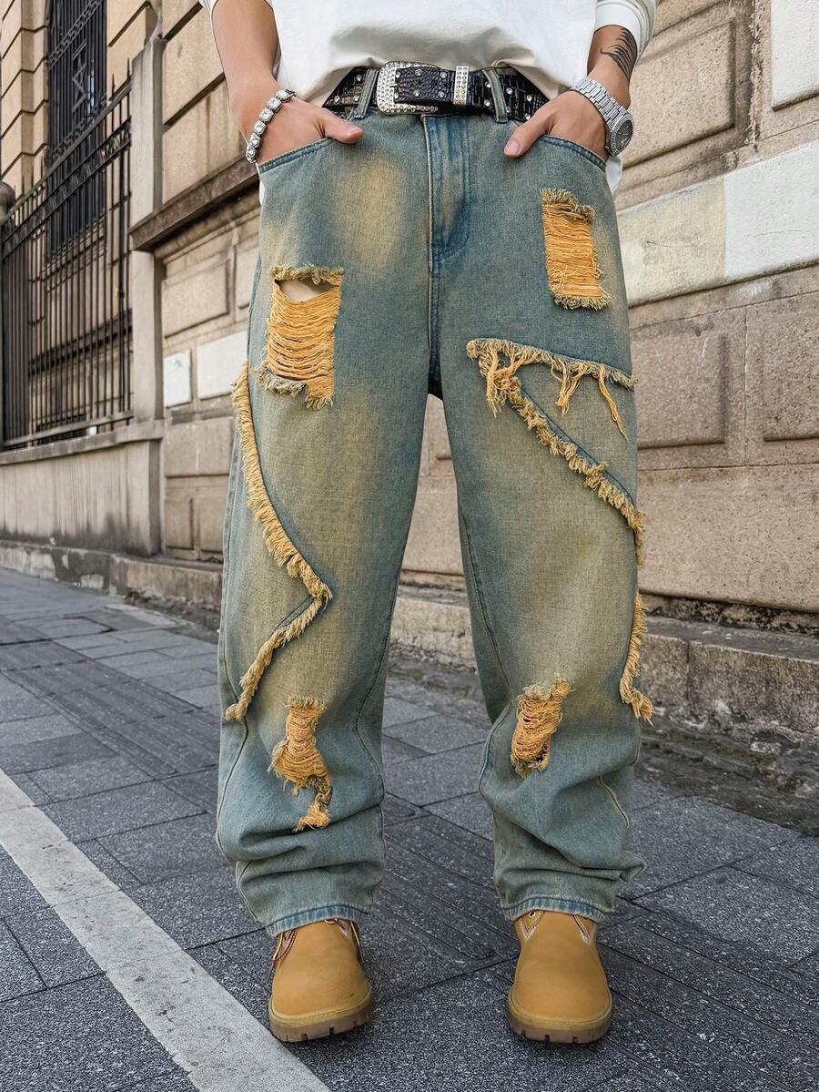 Unisex Casual Jeans With Letter & Graphic Print, American Style