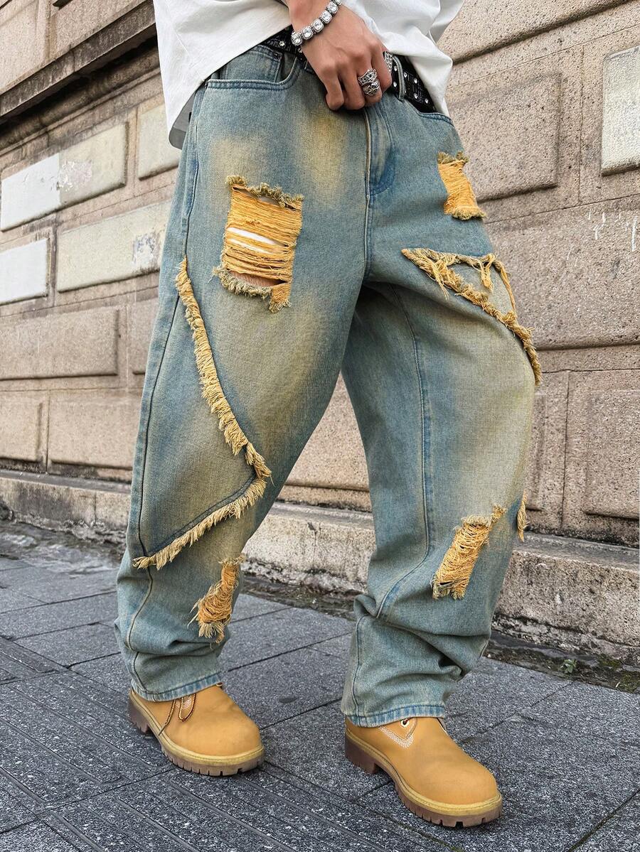 Unisex Casual Jeans With Letter & Graphic Print, American Style
