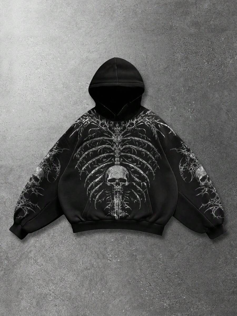 Men's Skull Cross Print Pocket Hoodie