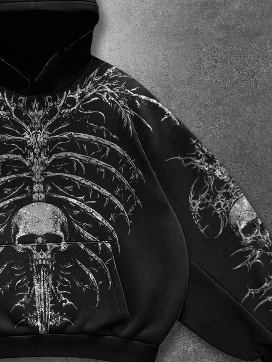 Men's Skull Cross Print Pocket Hoodie