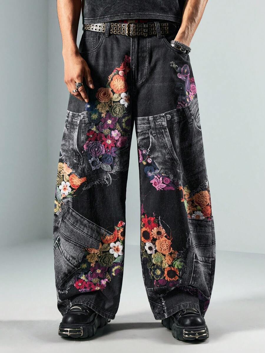 Floral Patchwork Curved Blade Jeans
