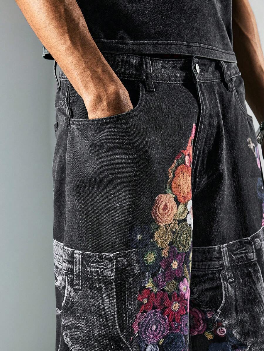 Floral Patchwork Curved Blade Jeans