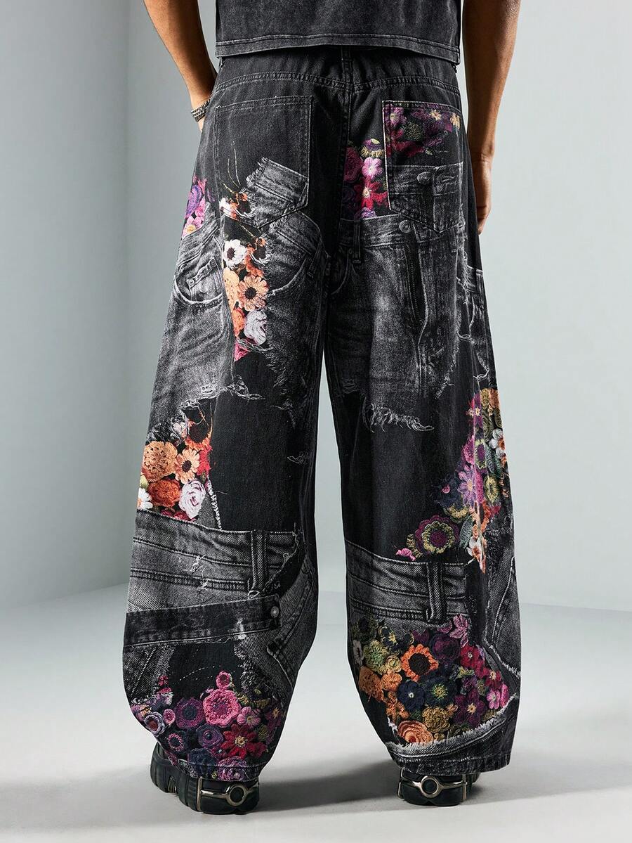 Floral Patchwork Curved Blade Jeans