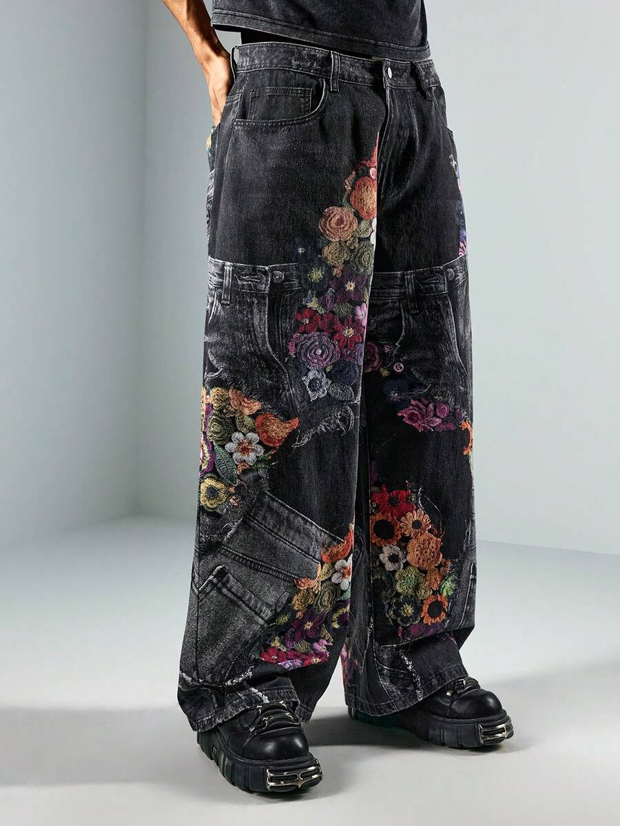 Floral Patchwork Curved Blade Jeans