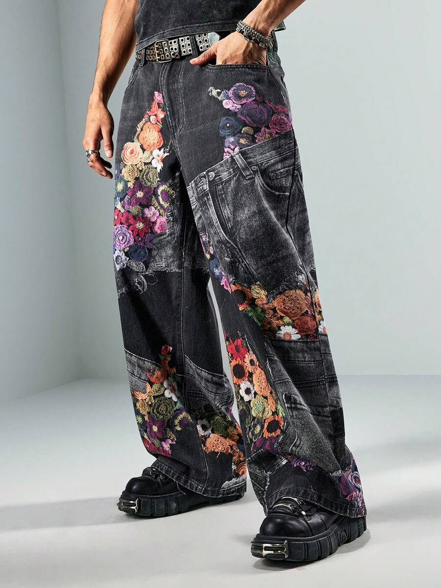 Floral Patchwork Curved Blade Jeans