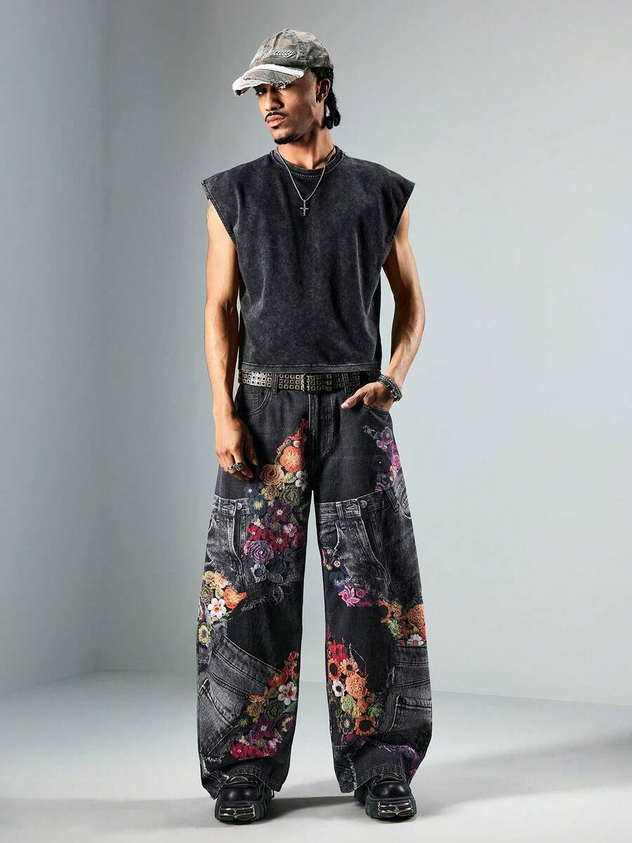 Floral Patchwork Curved Blade Jeans