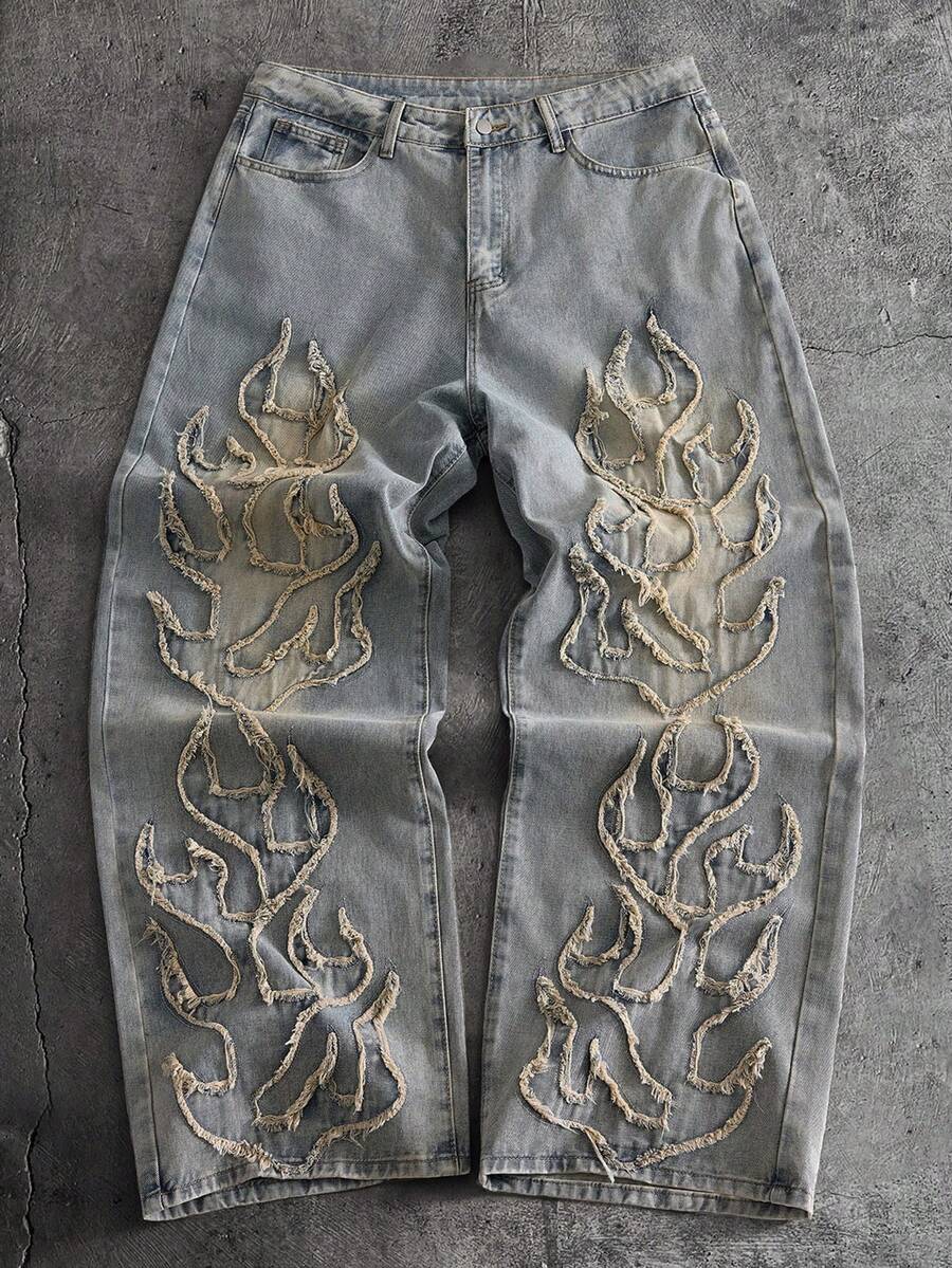 Fashionable Straight Loose Fit Patchwork Frayed Hem Men's Baggy Denim Jeans, Streetwear Style