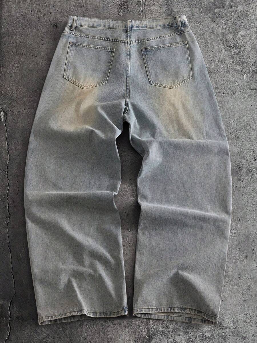 Fashionable Straight Loose Fit Patchwork Frayed Hem Men's Baggy Denim Jeans, Streetwear Style