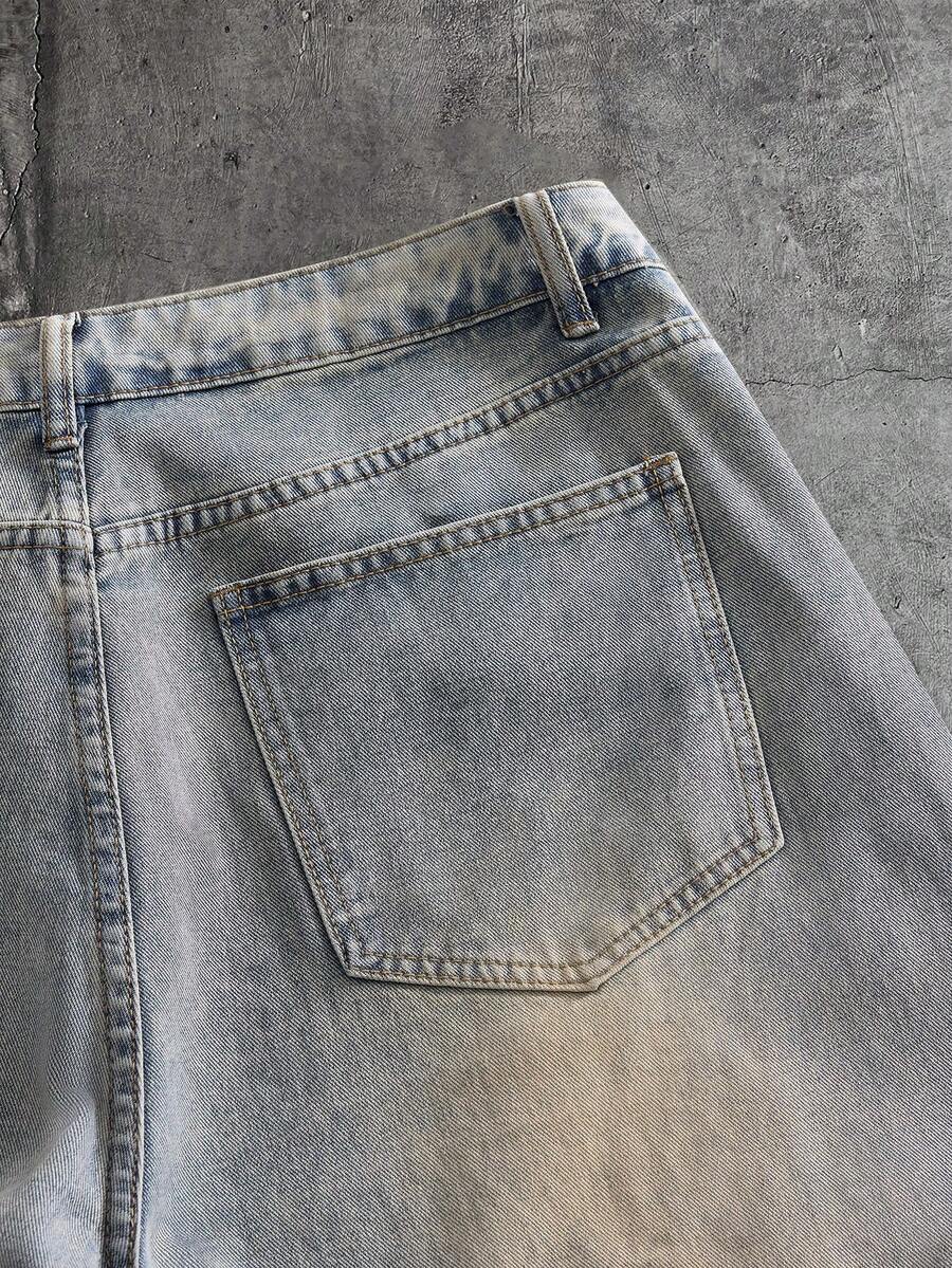 Fashionable Straight Loose Fit Patchwork Frayed Hem Men's Baggy Denim Jeans, Streetwear Style