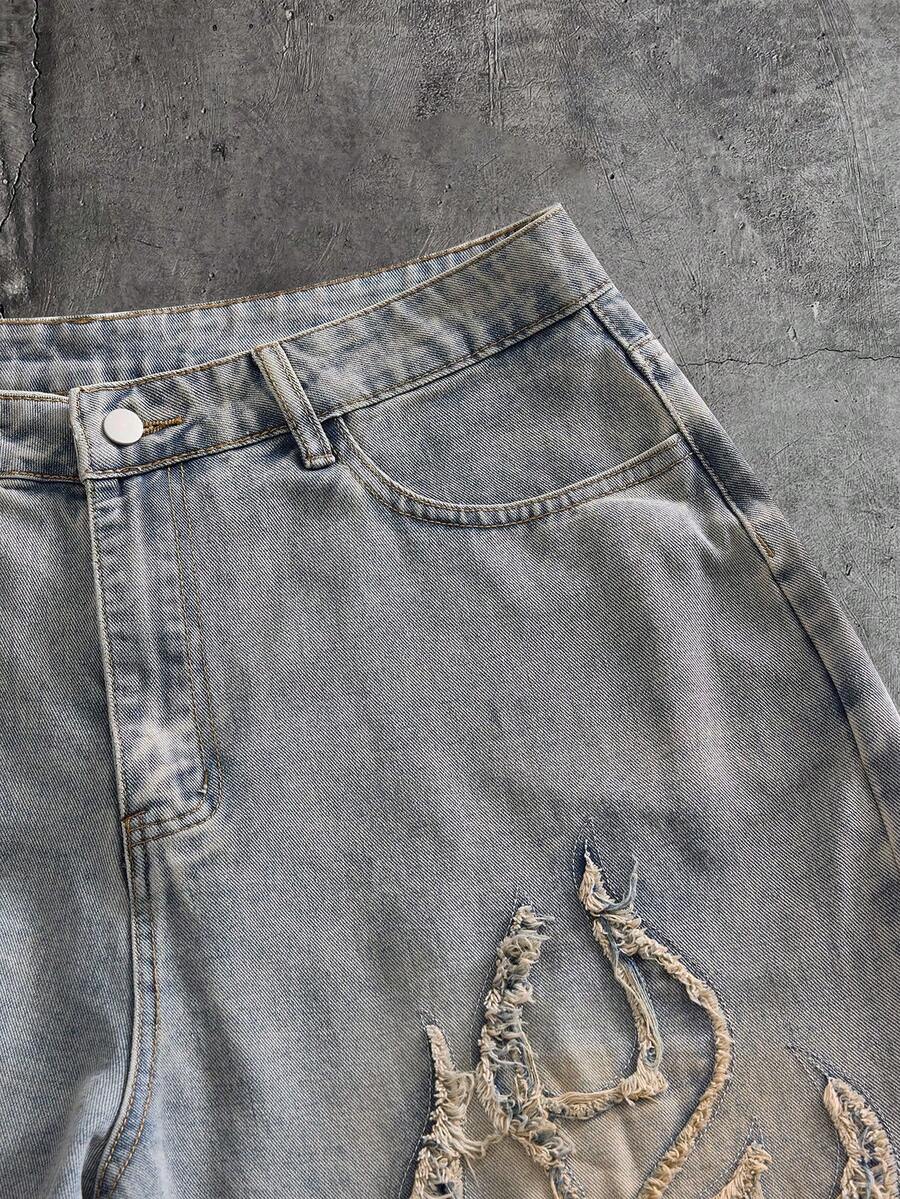 Fashionable Straight Loose Fit Patchwork Frayed Hem Men's Baggy Denim Jeans, Streetwear Style