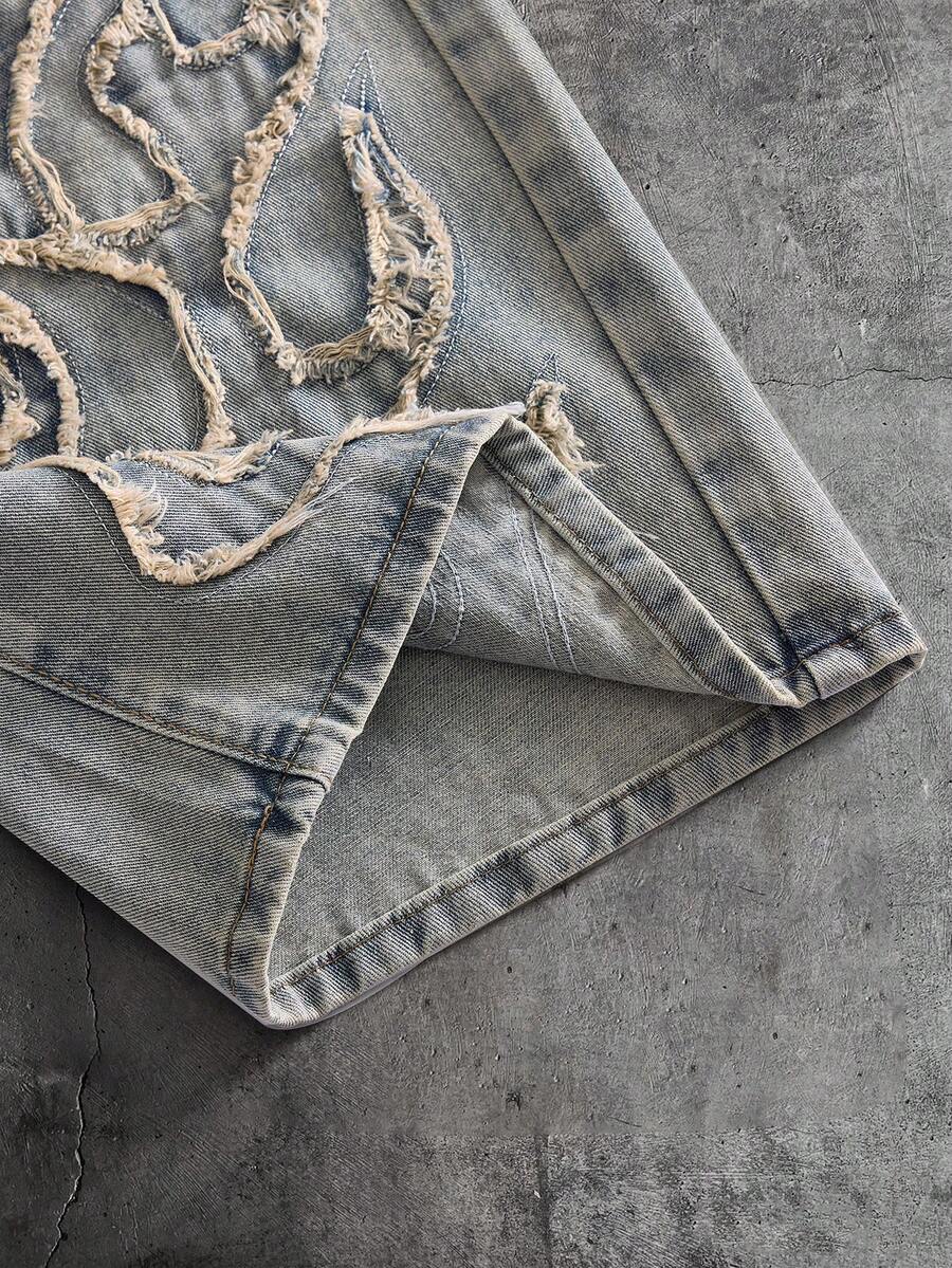 Fashionable Straight Loose Fit Patchwork Frayed Hem Men's Baggy Denim Jeans, Streetwear Style