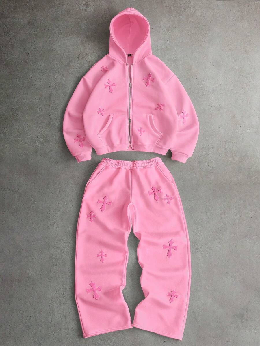 Cross Print Embroidered Hoodie Sweatshirt Set