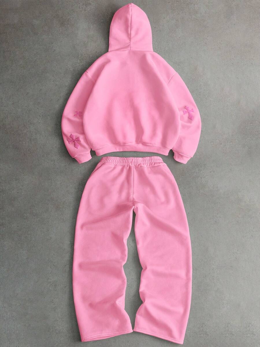 Cross Print Embroidered Hoodie Sweatshirt Set