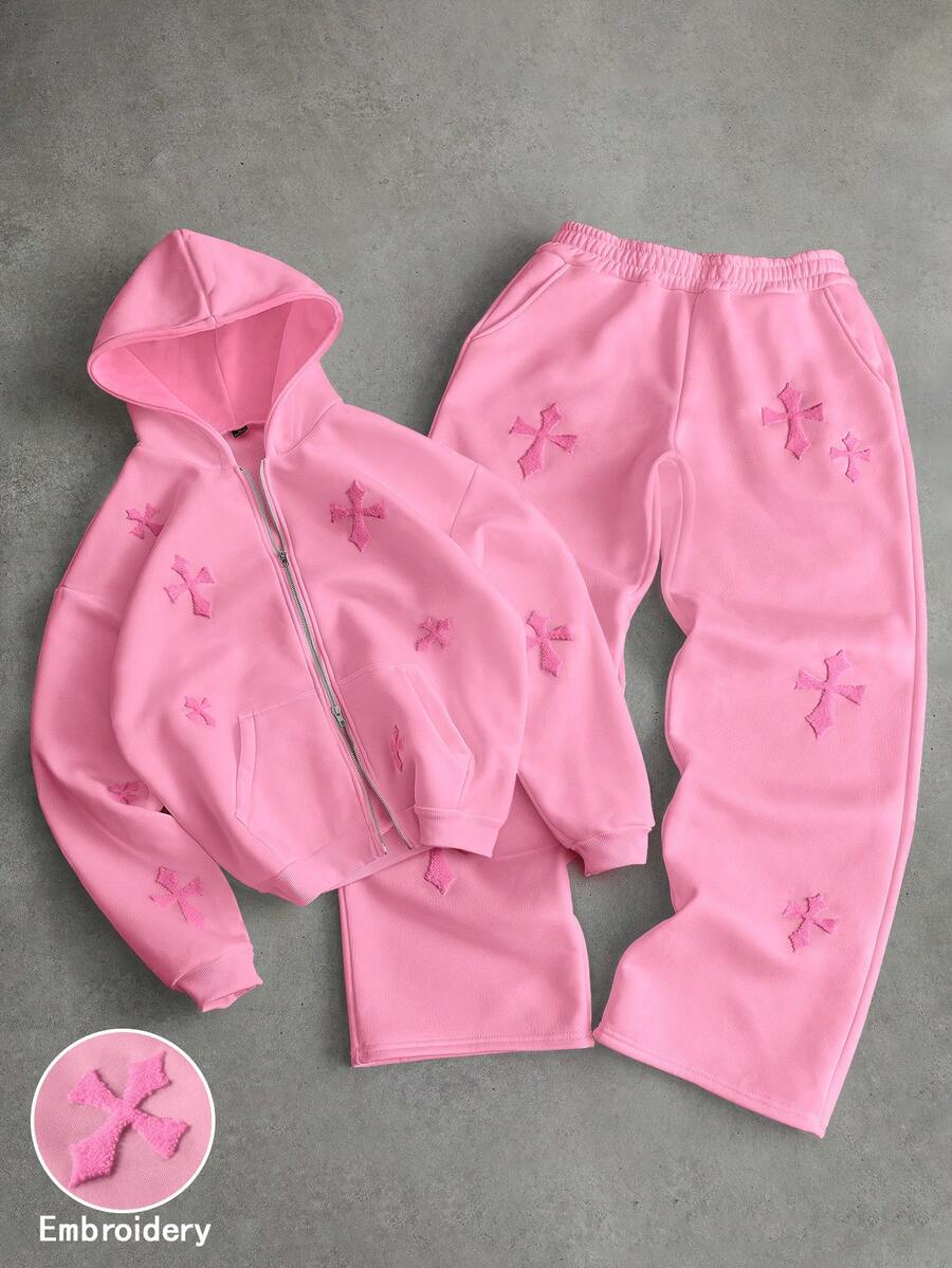 Cross Print Embroidered Hoodie Sweatshirt Set