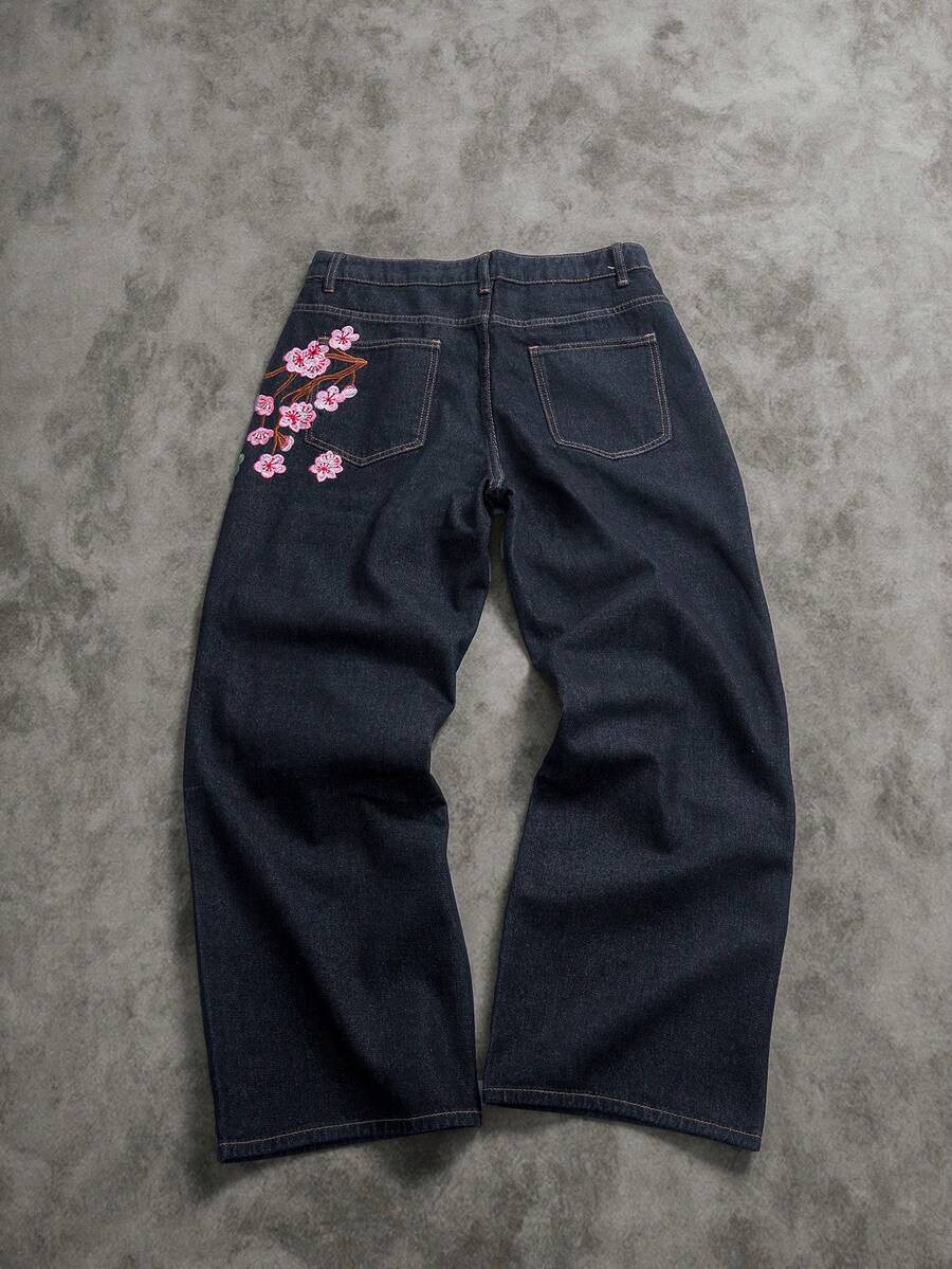 Peach Blossom Embroidered Wide-Leg Jeans
