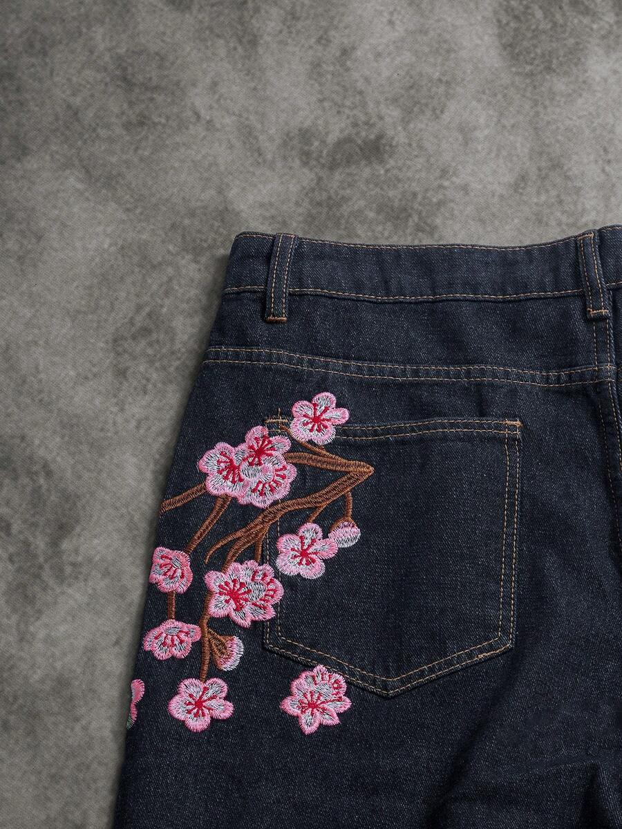 Peach Blossom Embroidered Wide-Leg Jeans